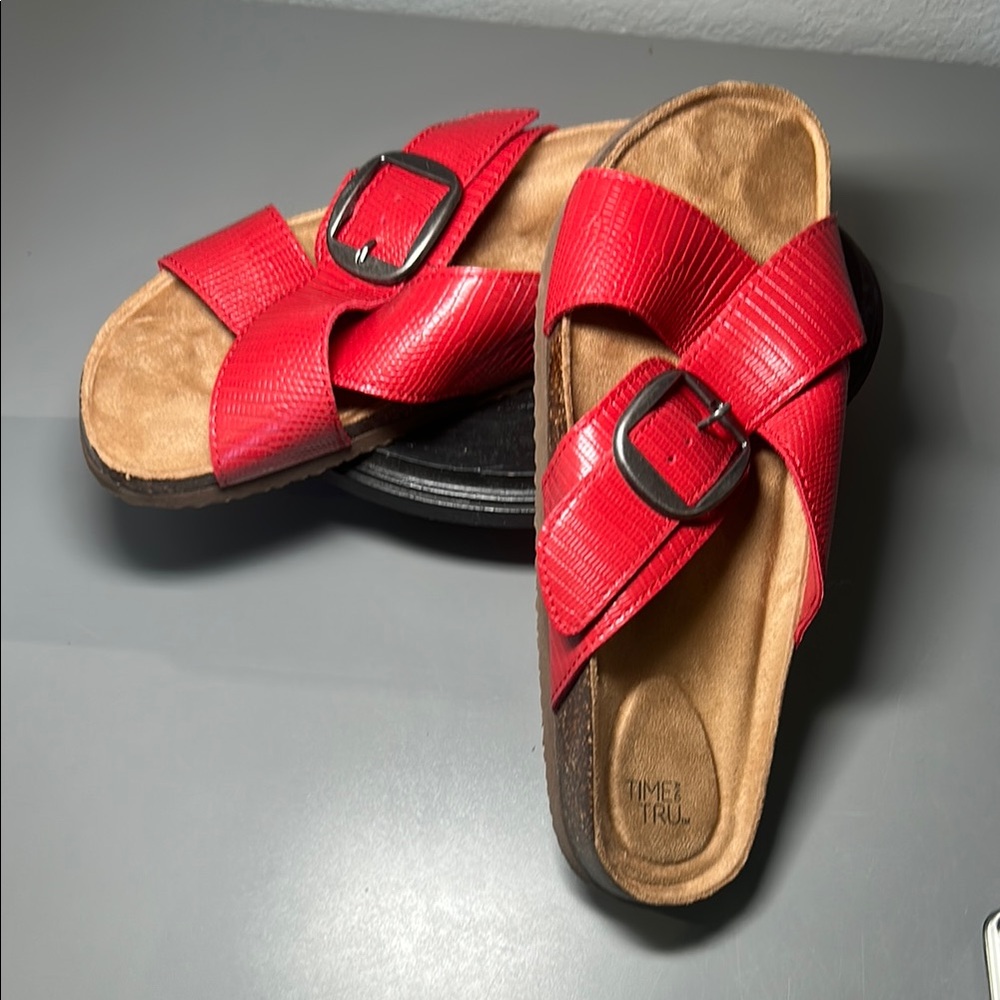 Time and Tru Red Cross-Strap Sandals